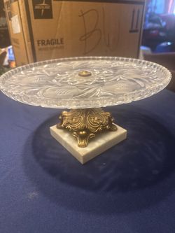 Vintage Hollywood Regency Cut Glass Cake Stand w/ Brass & Marble Base