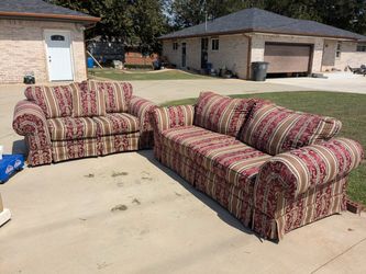 Sofa and Loveseat Set – Burgundy Floral Stripe