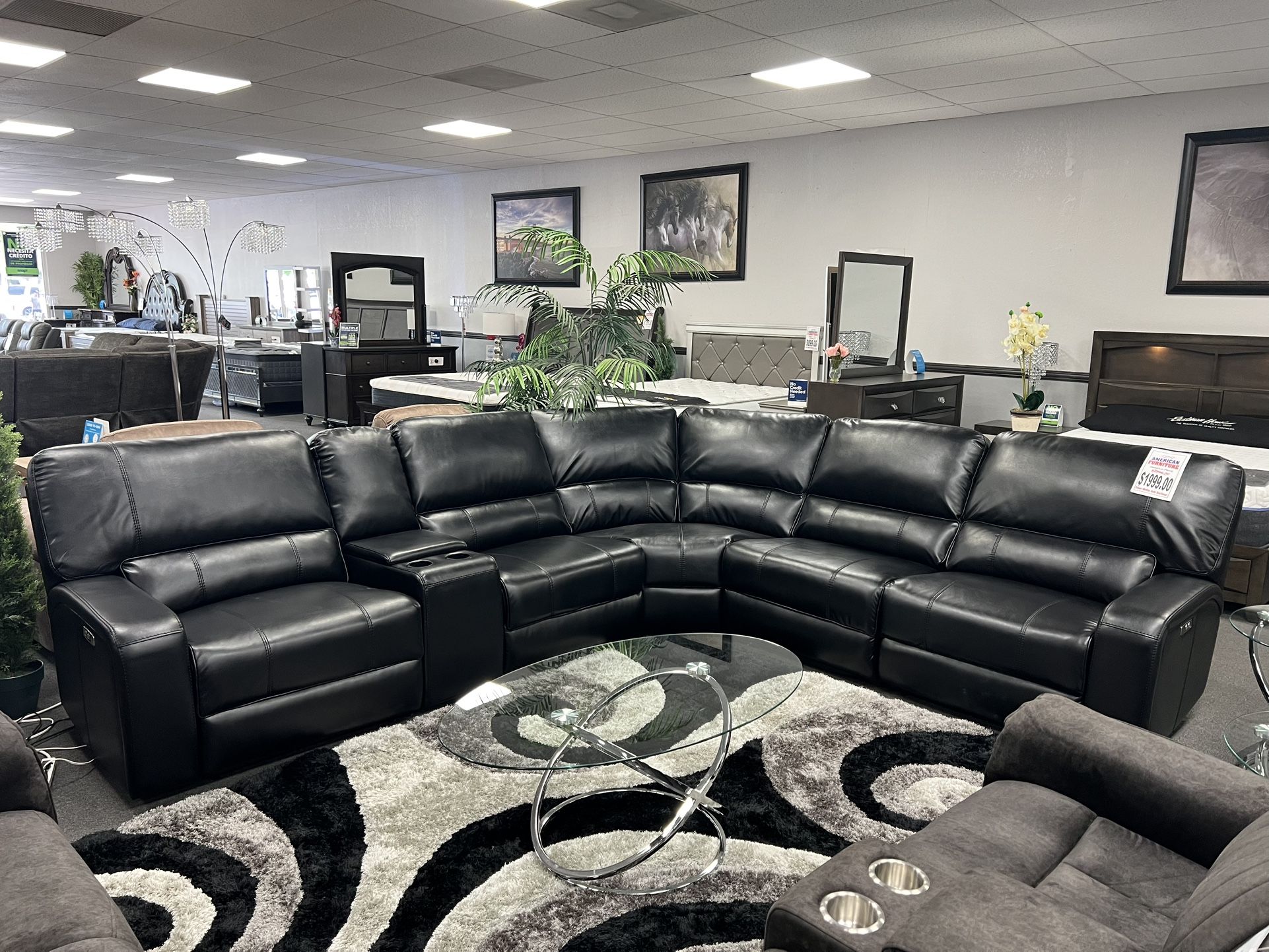 Black Leather Sofa Sectional w/ Power Recliners