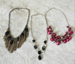 Three Beautiful Statement Necklaces! Gold & Silver Fringe Chains With Black Beads, Black & Silver With Rhinestones Plus Pink & Silver! Price For All!