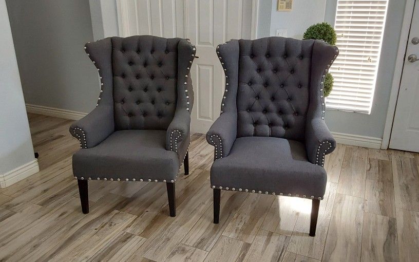 Two Beautiful Gray Tufted Wingback Accent Chairs