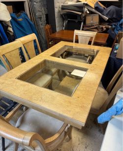 Burl Wood Dining Table with Glass Inlays and Chairs