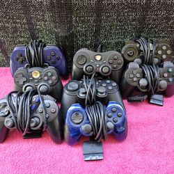 Playstation 2 Lot Of 8 Wired PS2 Controllers Pelican, Mad Catz, Logitech