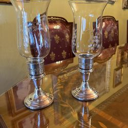 Pair of Antique Gorham Sterling Silver Candlesticks with Hurricane Glass Shades 496 Grams 