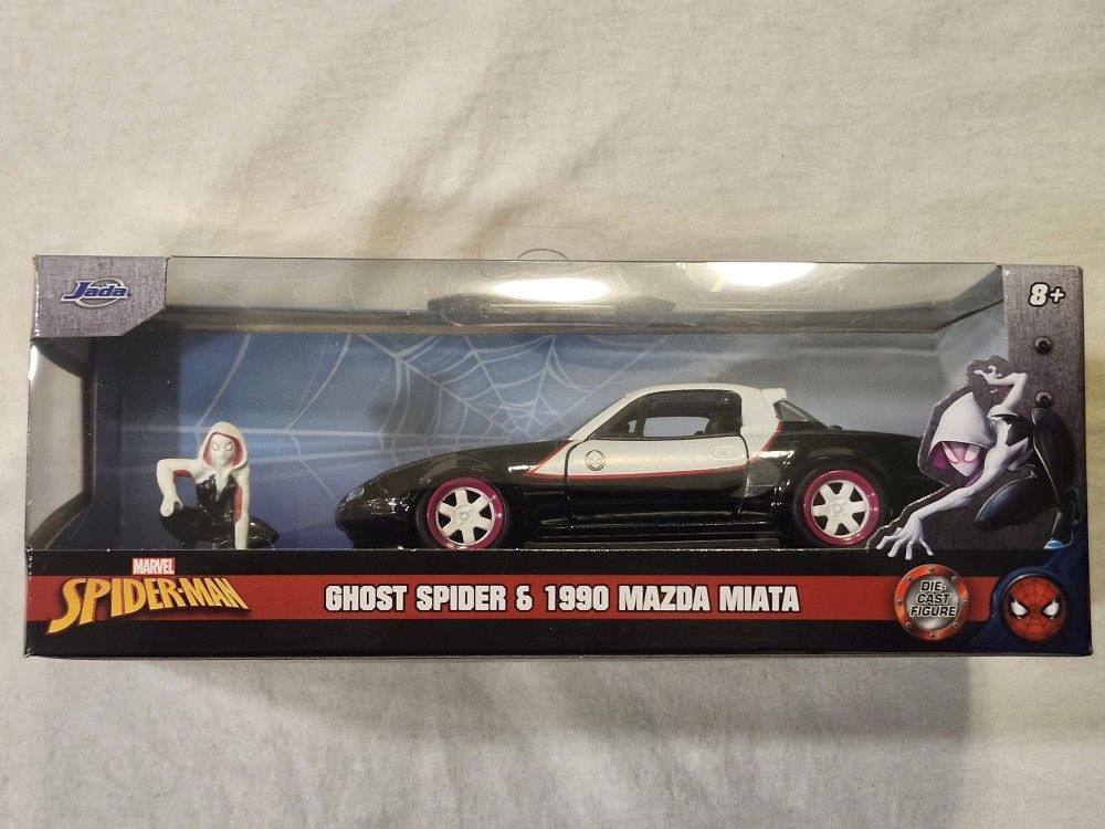 JADA METAL DIECAST CAR 1:32 SCALE. MARVEL SPIDER-MAN GHOST SPIDER. 1990 MAZDA MIATA AND GHOST SPIDER METAL DIECAST FIGURE.