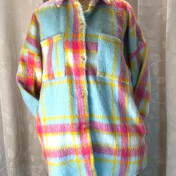 Davi & Dani Women’s Oversized Plaid Shacket Jacket S Blue Pink Fuzzy Soft