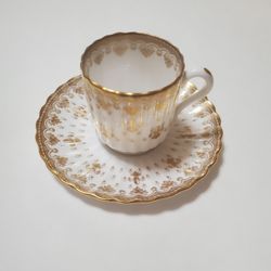 Spode Gold And White Fleur De Lys Demitasse Cup And Saucer
