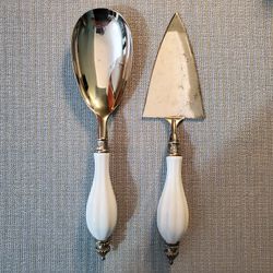VINTAGE Godinger Silver Plated, Porcelain Handle Serving Set Of 2