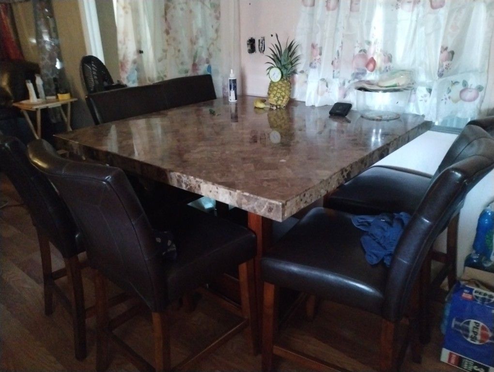 Marble Top Table With 6 Leather Chairs And Coffee Table 2 End Tables 