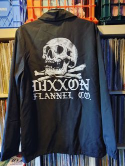 Dixon Flannel Co. Company Black Coaches Jacket Lightweight Windbreaker Snap Button Skull and & Crossbones Motif Size Medium M Draw String Bottom