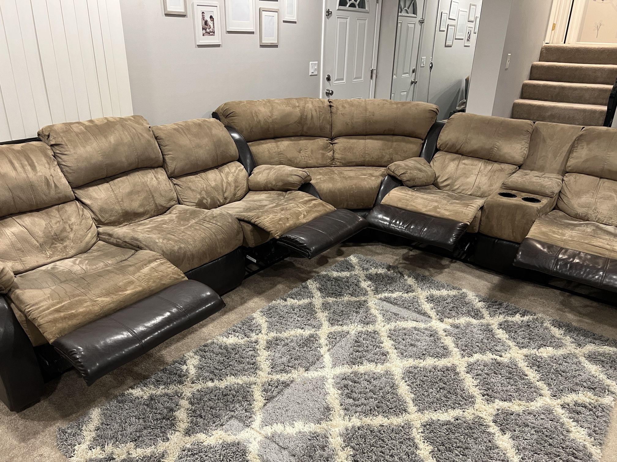 Full sofa recliners with 4 reclining seats, 115x 140 full size with centerpiece 73x43 2 piece 83x 43 3 piece fully open recliner is 57 inches 36