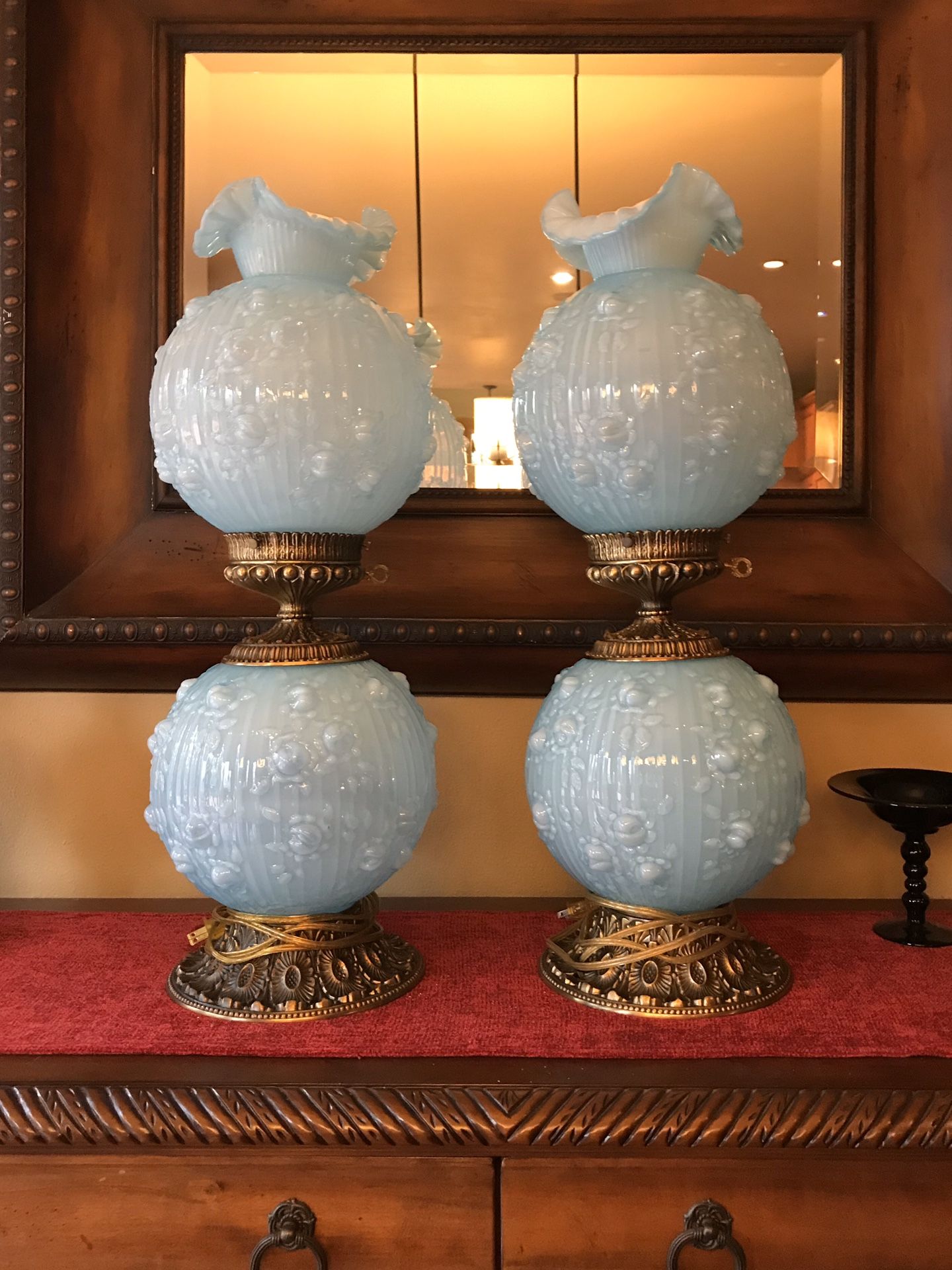 Fenton “GWTW” Rose Bud Parlor/Hurricane Lamps - Soft Satin Blue