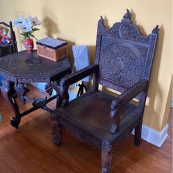 Antique very old Burmese handcarved elephant animal table and matching throne chair