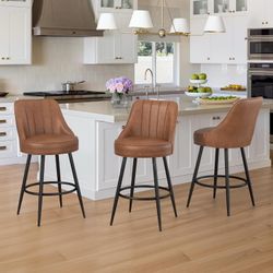 Set of 3 Swivel Leather Bar Stools, 26" Counter Height Barstools, Vintage Upholstered Bar Chairs, Brown