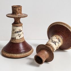 Set of 2 Art Pottery Candle Stick Holders Signed