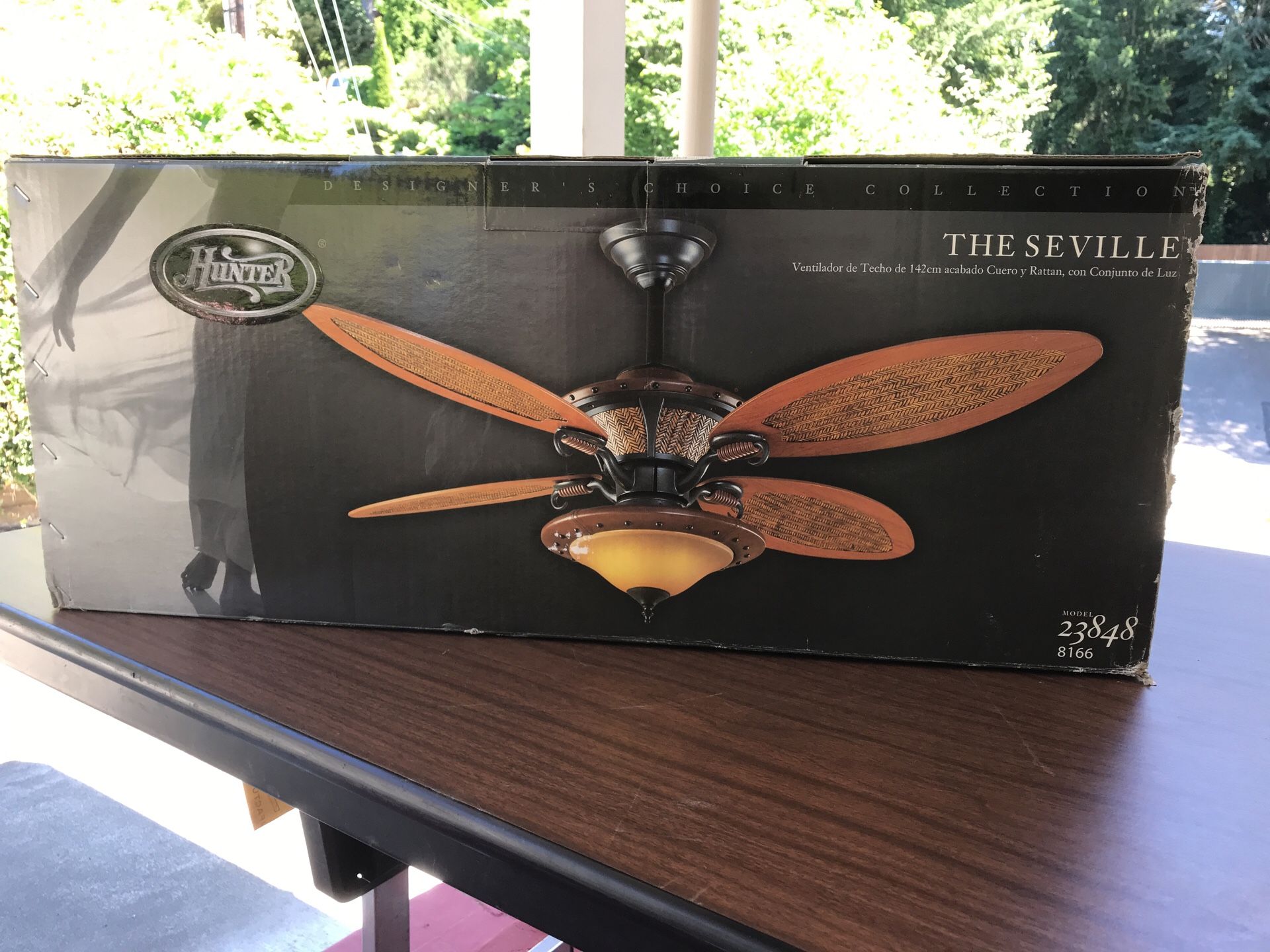 Hunter Ceiling Fan 56 “ Leather / Rattan with amber Scavo Bowl Light and Antique Black Hardware