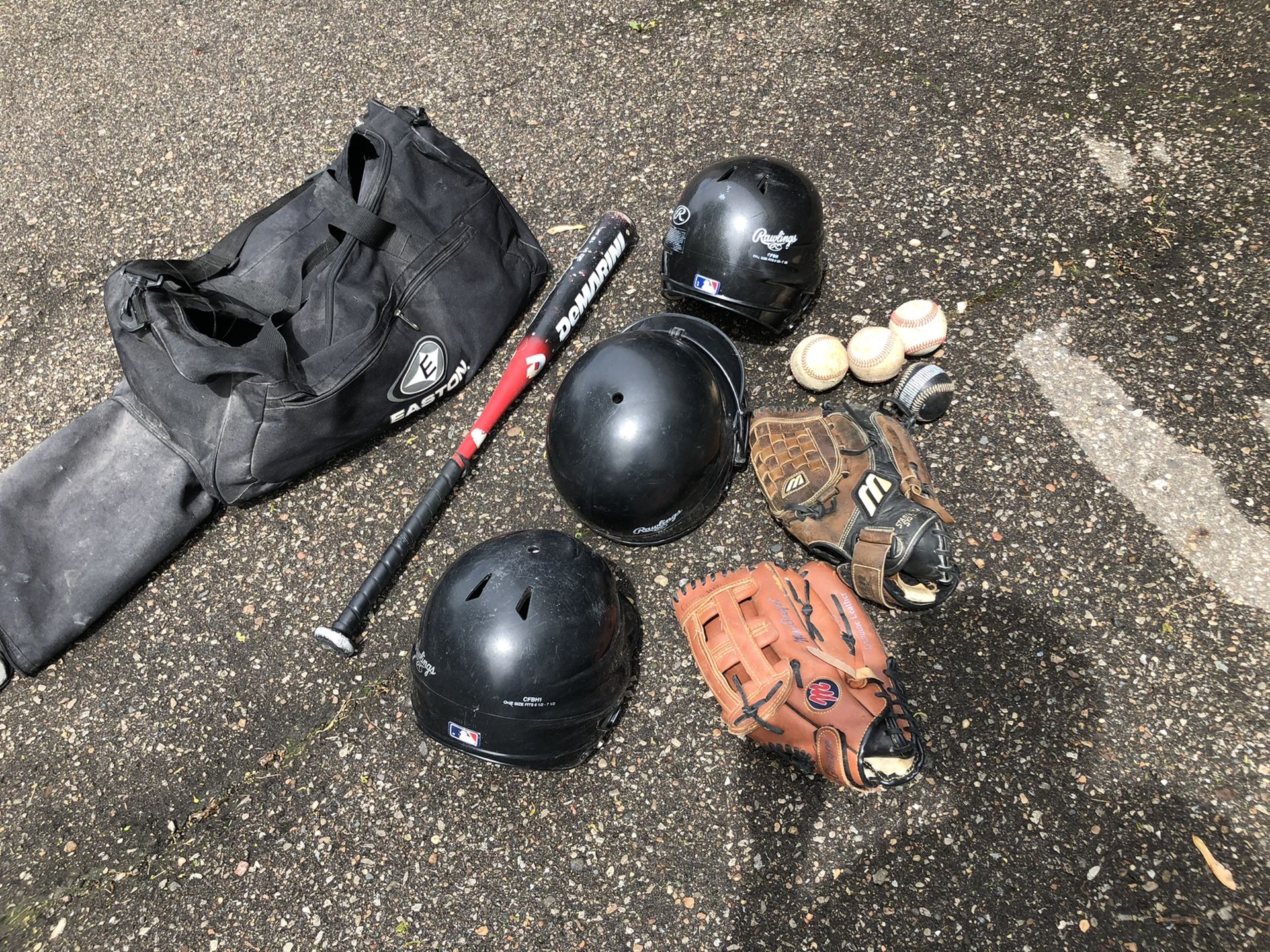 Baseball gear; bat, gloves, helmets, baseballs, & bag