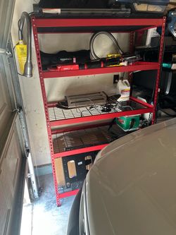 Red metal garage shelving