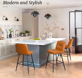 Double-Layer Faux Leather Upholstered Counter Height Bar Stools with Back and Footrest for Kitchen Island - Set of 3 - Whiskey Brown-24in. - Counter H