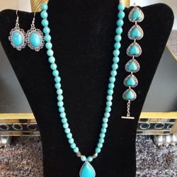 3 Pieces/ Faux Turquoise Beaded Necklace w/ Pendent 8mm Round Ball Beads/ Cowgirl Chic Concho Semi Precious Stone Toggle Clasp Bracelet Heart Stone 