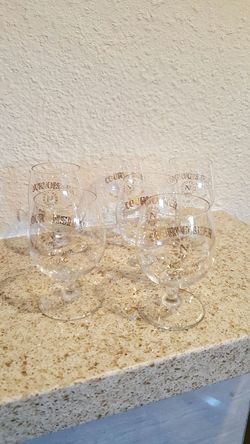 Courvoisier cognac stemmed shot glass x 6 very thin glass gold lettering 2.5 oz