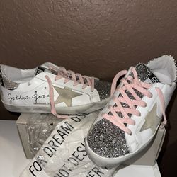 Golden Goose Superstar Sneakers, Size 9, White/silver/beige/python/pink laces