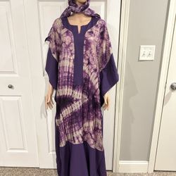 Africa Silk Adire Maxi Dress With Scarf 