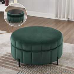 CAVINAS 31.5" Ottoman with Storage, Round Vanity Chair Stool with Reversible Lid, Velvet Entryway Bench for Living Room, Bedroom, Green