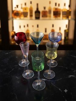 Set of 6  Vintage Artland Colorful  cordial long Stemmed Cocktail Glasses