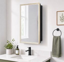 Brand new 16 x 26 Black Metal Medicine Cabinet with Gold Beveled Mirror Door