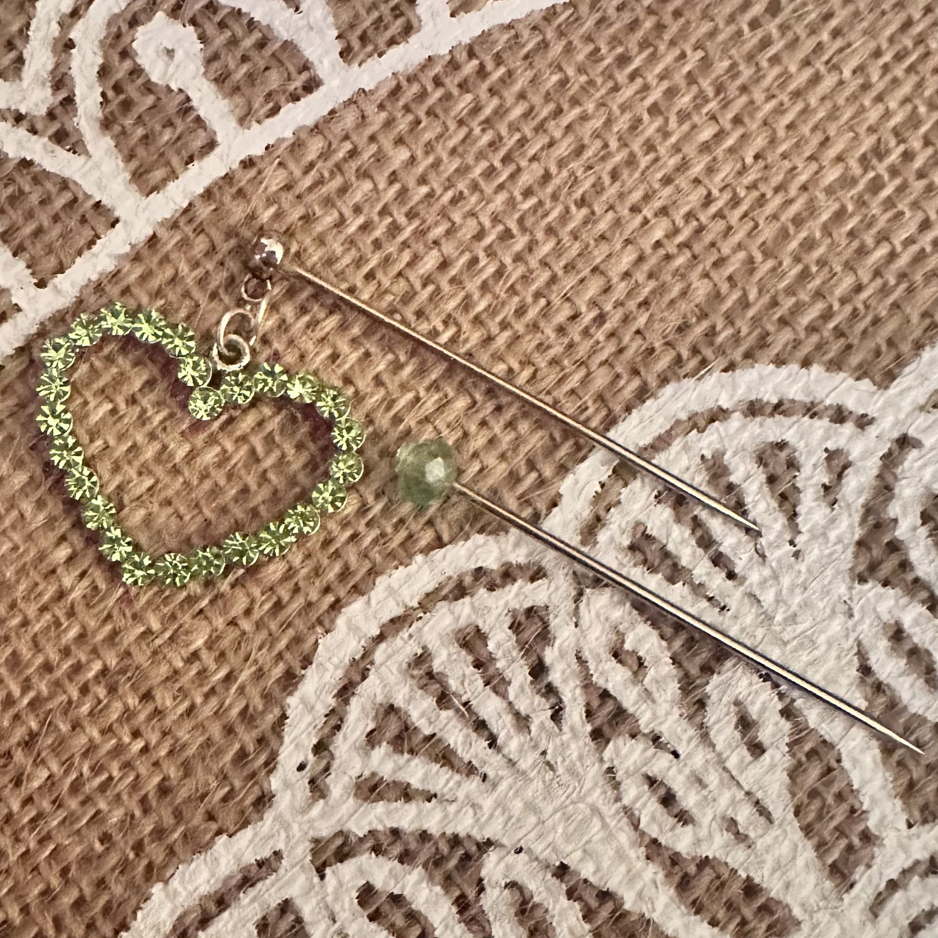 2 Steel Silver Tone Sparkle Green Crystal Heart Hijab Pins - Matching Set