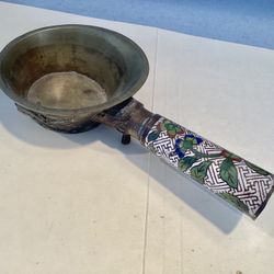 Antique Chinese Brass Cooking Vessel Rice Scoop Silk Coal Iron Cloisonné Enamel Handle Dragon Motif Incense Burner 