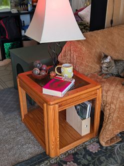 Vintage Solid Oak End Table with Glass Insert