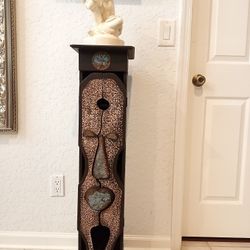 Antique hand carved 40" tall African tribal male face mask folk art 5 tier wood storage pedestal table.  