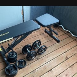 Work Out Bench And Weights Curl Bar And Two Dumbbells