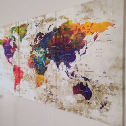 ☀️3-Panel World Map Canvas Wall Art - Large Modern Statement  - Las Vegas