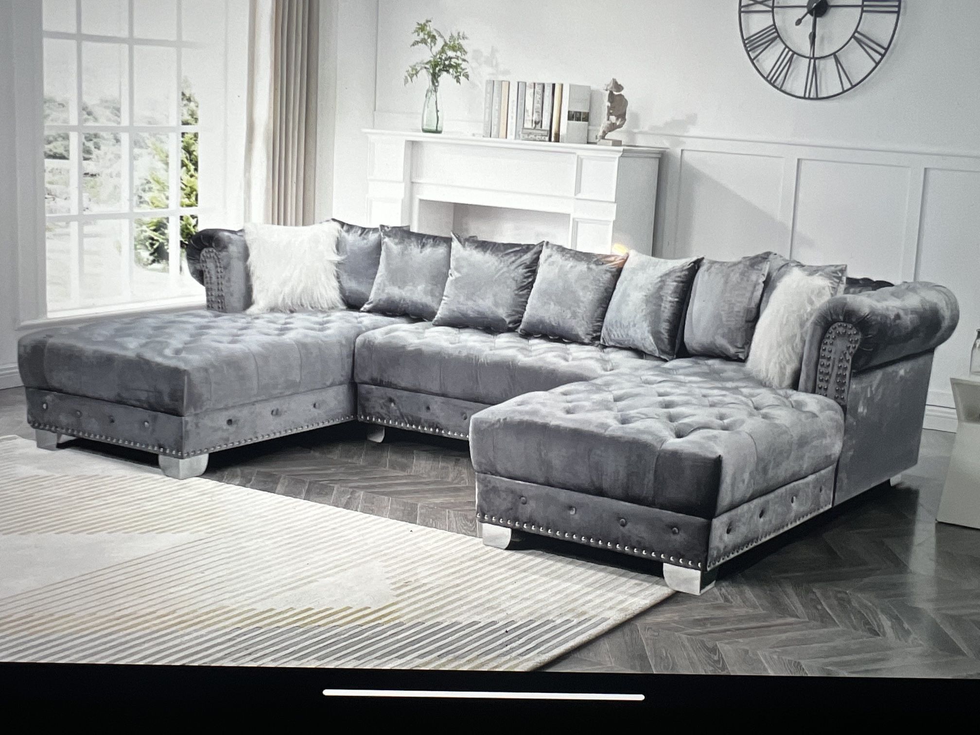 Dark Shadow Grey Velvet Tufted Double Chaise Lounge Sectional Sofa