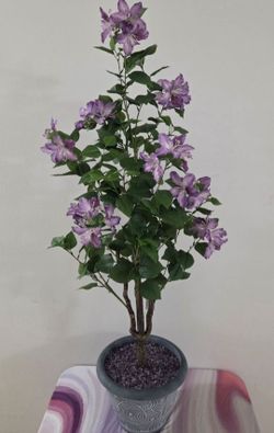 *** CLEARANCE *** 50" Faux Purple Hibiscus Topped w Amethyst Stone / Blue Circle Planter @ Lasting Creations