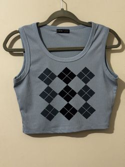 SHEIN Light Blue Argyle Ribbed Crop Tank Size L 
