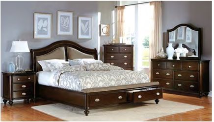 Brown Bedroom Set (Padded Headboard - Nail Trim Footboard - drawers)