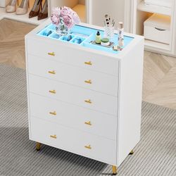 5 Drawer Dresser for Bedroom, 30.7" W x 38" H Tall Tempered Glass Top Dresser with LED Lights and Jewelry Dressers Display, Modern Chest of Drawers fo