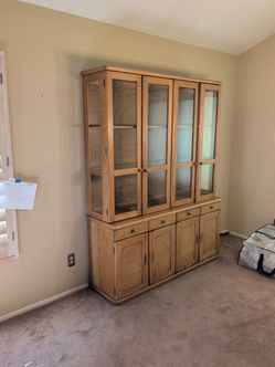 Oak China Cabinet Hutch with Glass Doors