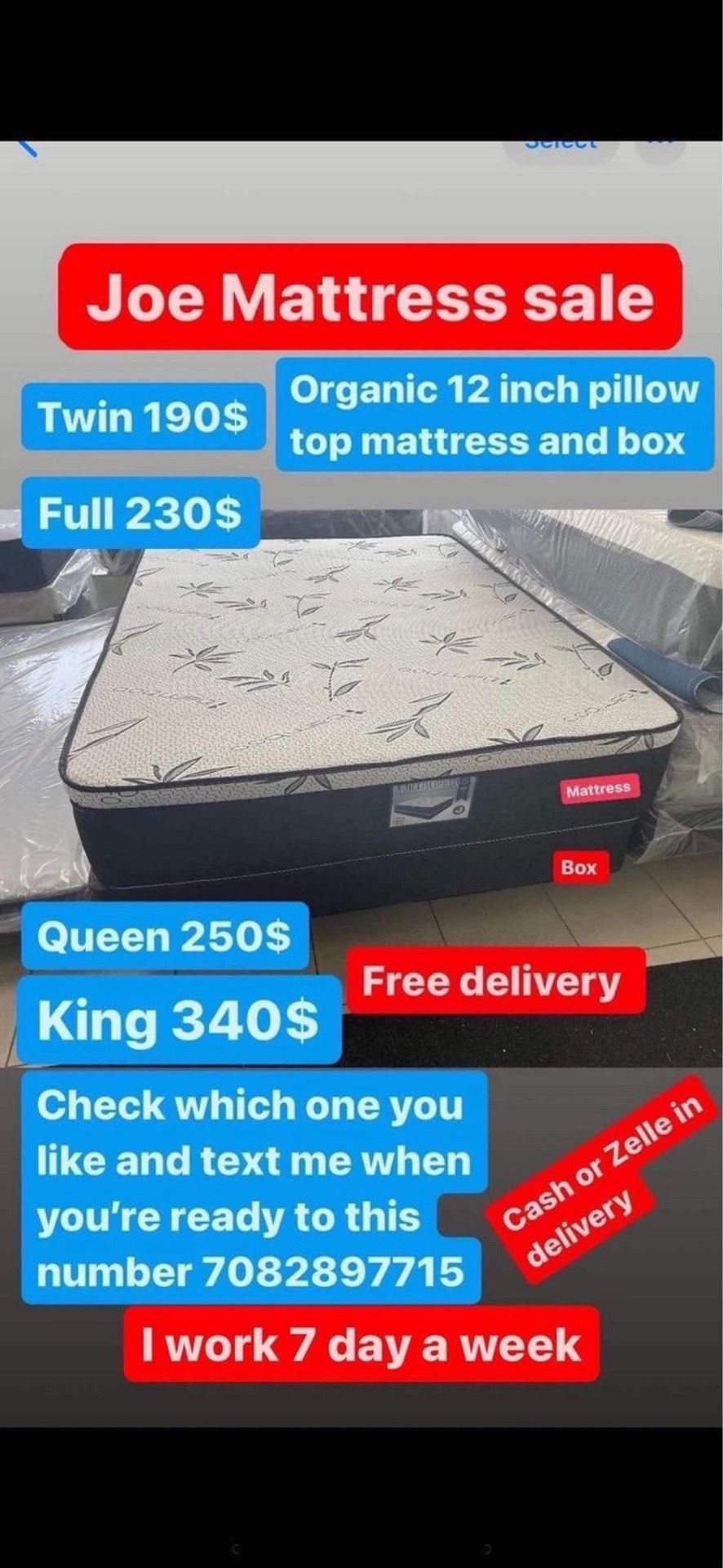 Huge sale for Mattress And Box Twin size #mattress and box 150.$ full 190$ Queen 200$ king 290$. free delivery free set up 708….289…7715… cash or Zell