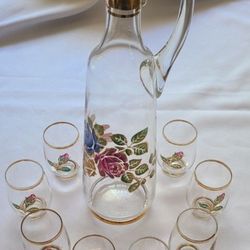DECOR CRISTALLERIE VINTAGE GLASSWARE SET TALL WINE DECANTER GOLD TRIM AND HAND PAINTED FLOWERS