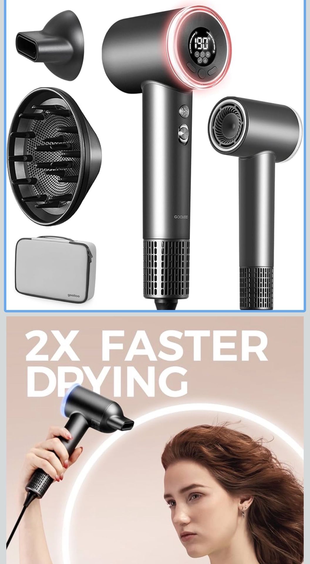 Hair Dryer with Diffuser, Professional High-Speed Blow Dryer, Negative Ionic Hair Dryers for Women, 110,000 RPM Fast Drying, 5 Temps & 3 Speeds, with