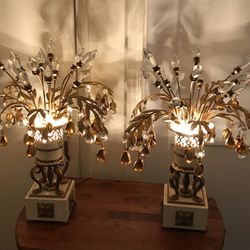 Pr Mid Century Hollywood Regency Crystal Lamps