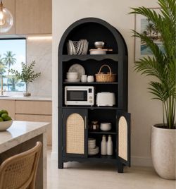 63" Arched Kitchen Pantry Cabinet, with Rattan Doors & Adjustable Shelves, Black I-28