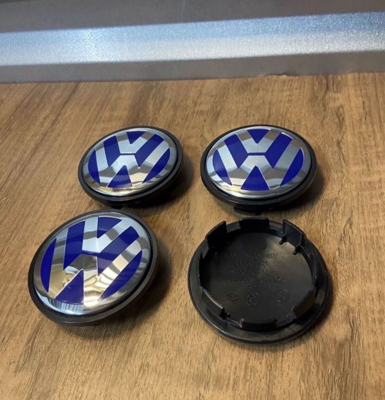 Volkswagen 65mm 2.5 Inch Blue Chrome Wheel Rim Center Hub Caps Emblem 4PC Set