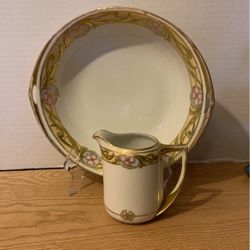 Vintage Hand Painted Nippon Serving Bowl 10”x2-1/2” And Creamer Some Paint Loss  B3