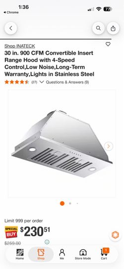 30 in. 900 CFM Convertible Insert Range Hood with 4-Speed Control,Low Noise,Long-Term Warranty, Lights in Stainless Steel